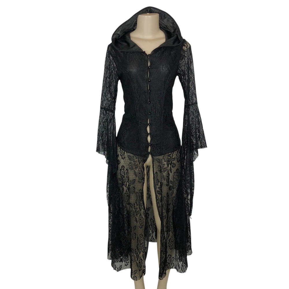 Sheer Lace Hooded Midi Jacket Duster Cardigan S Gothic Witchy Halloween Costume